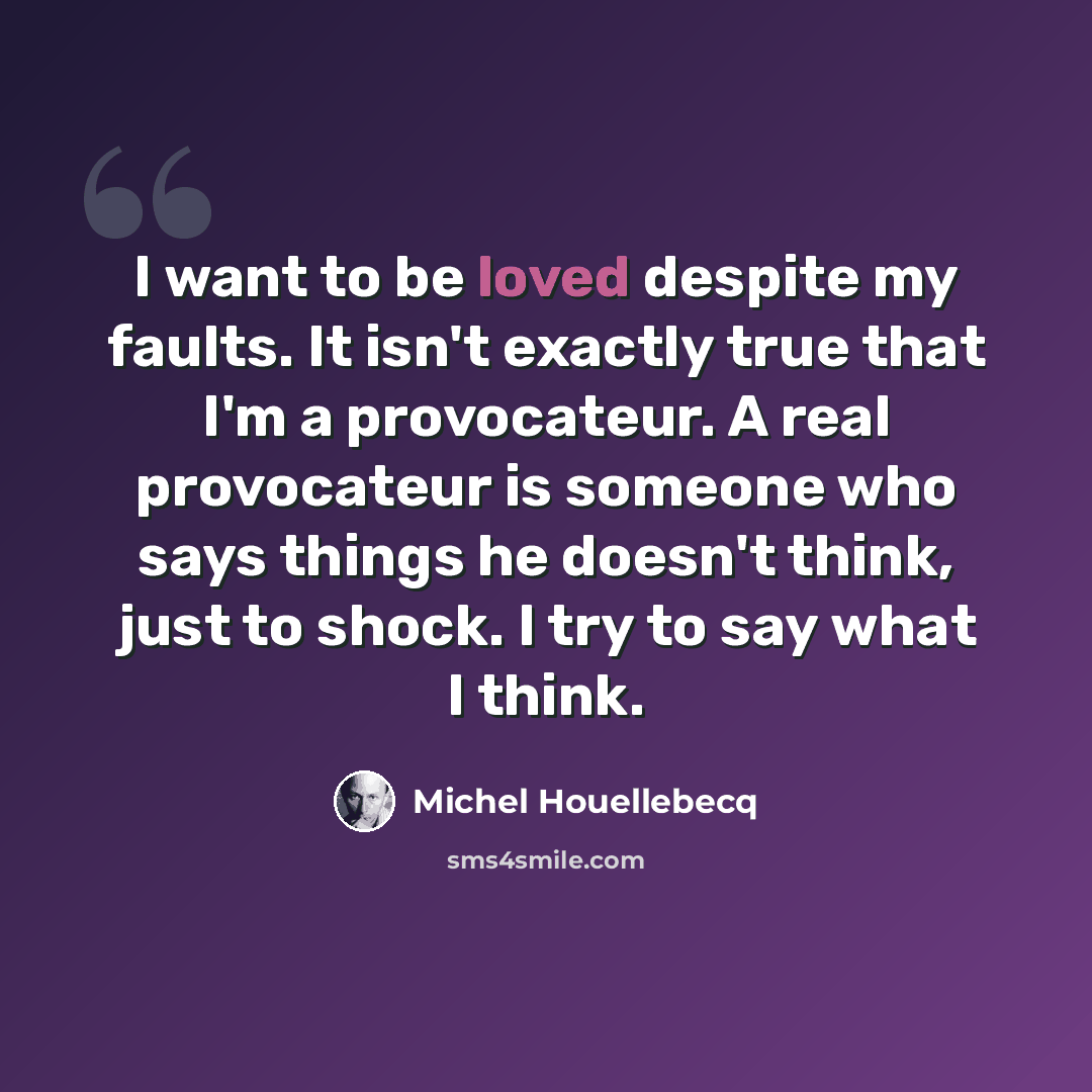 “I want to be loved despite my faults. It isn't exactly true that I'm a provocateur. A real provocateur is someone who says things he doesn't think, just to shock. I try to say what I think.” quote by Michel Houellebecq