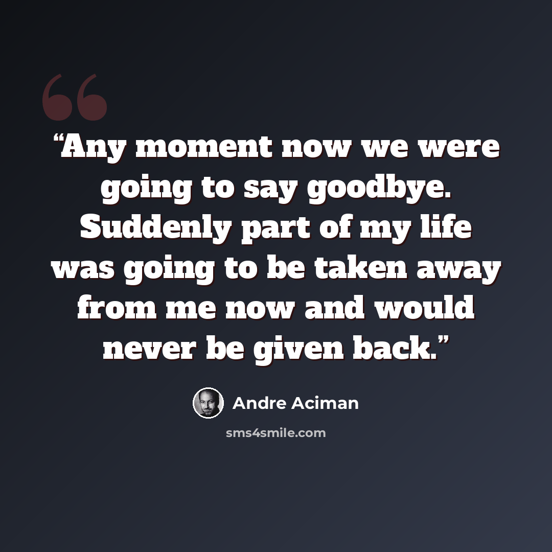 “Any moment now we were going to say goodbye. Suddenly part of my life was going to be taken away from me now and would never be given back.” quote by André Aciman