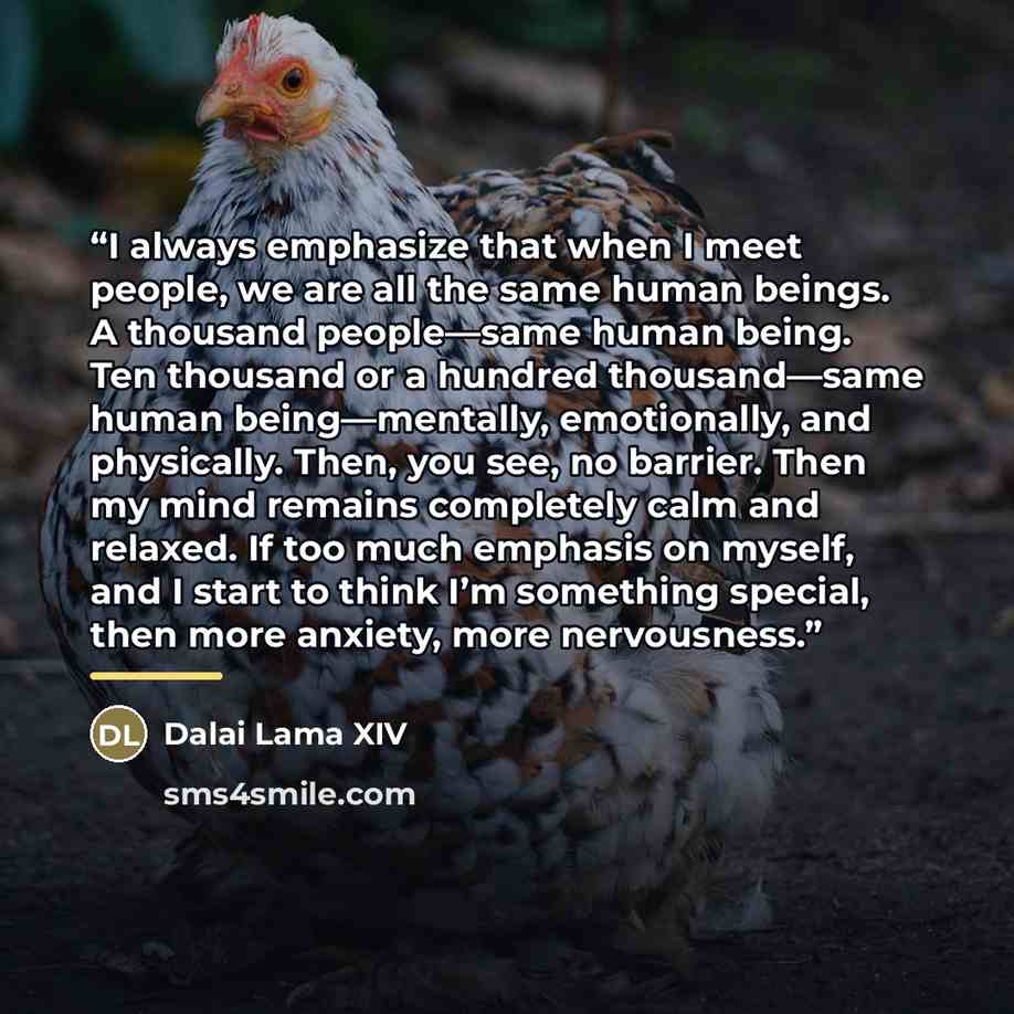 “I always emphasize that when I meet people, we are all the same human beings. A thousand people—same human being. Ten thousand or a hundred thousand—same human being—mentally, emotionally, and physically. Then, you see, no barrier. Then my mind remains completely calm and relaxed. If too much…” quote by Dalai Lama XIV