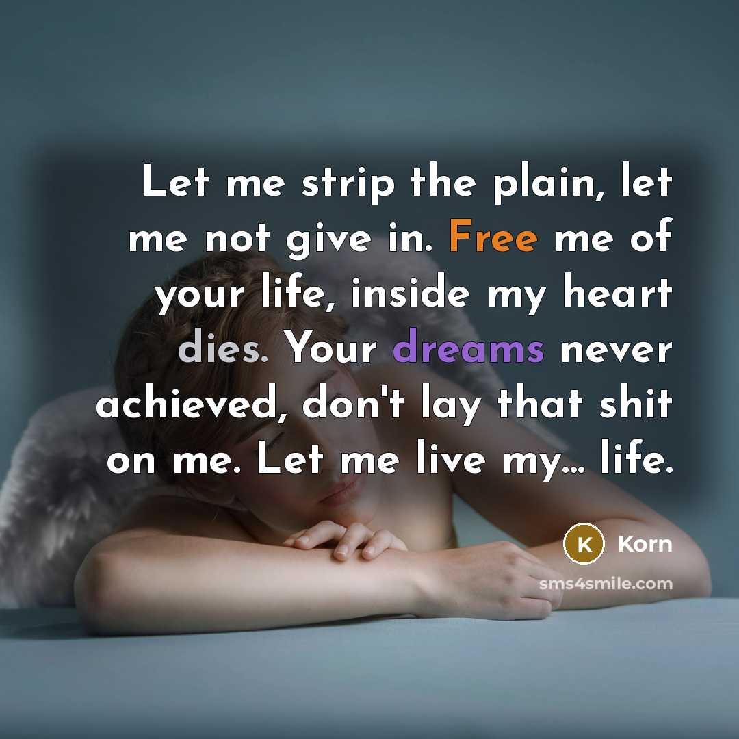 “Let me strip the plain, let me not give in. Free me of your life, inside my heart dies. Your dreams never achieved, don't lay that shit on me. Let me live my... life.” quote by Korn