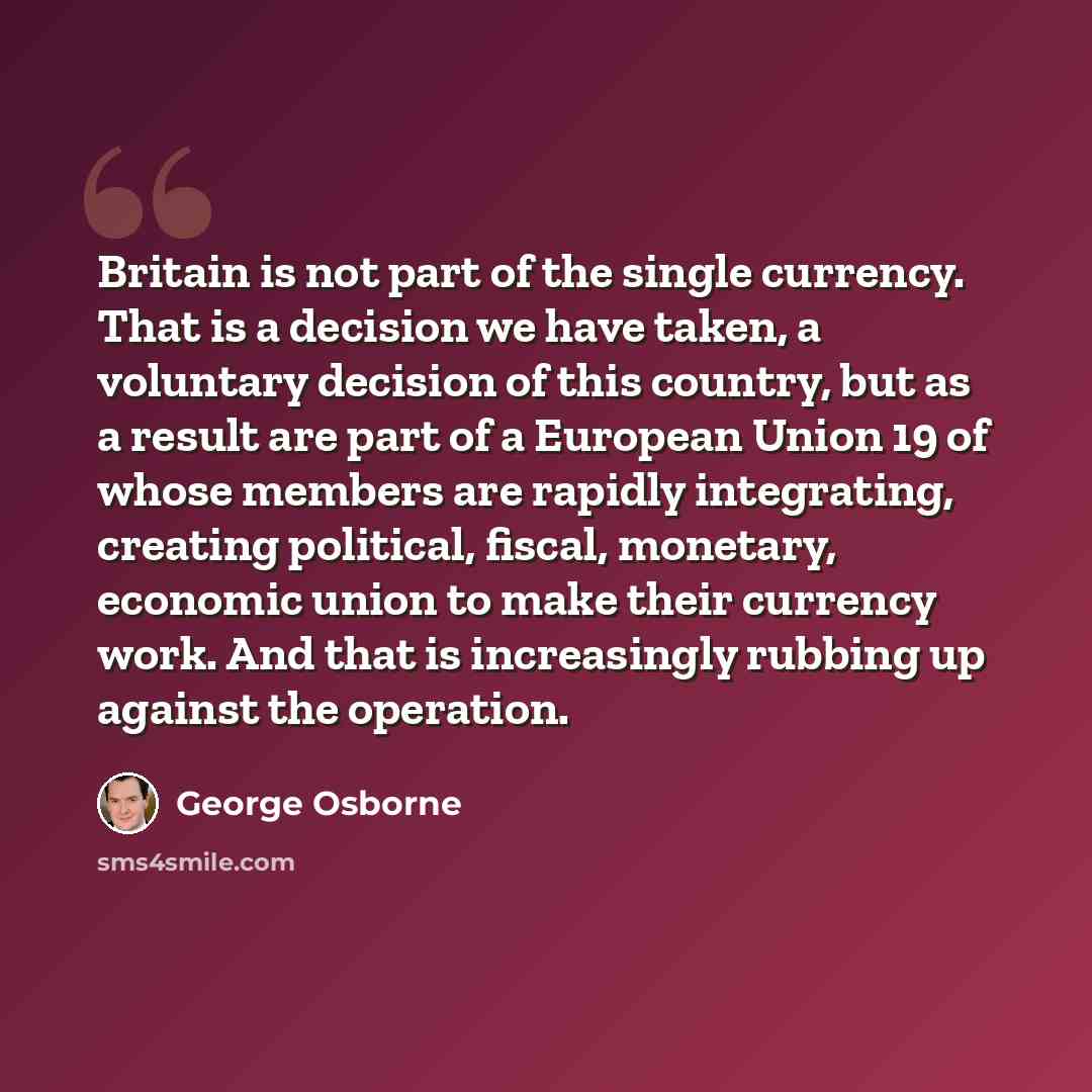 “Britain is not part of the single currency. That is a decision we have taken, a voluntary decision of this country, but as a result are part of a European Union 19 of whose members are rapidly integrating, creating political, fiscal, monetary, economic union to make their currency work. And that…” quote by George Osborne