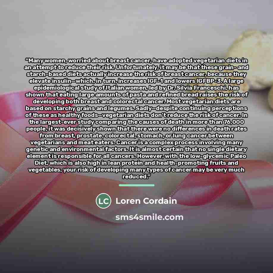 “Many women, worried about breast cancer, have adopted vegetarian diets in an attempt to reduce their risk. Unfortunately, it may be that these grain- and starch-based diets actually increase the risk of breast cancer, because they elevate insulin—which, in turn, increases IGF-1 and lowers IGFBP-3…” quote by Loren Cordain