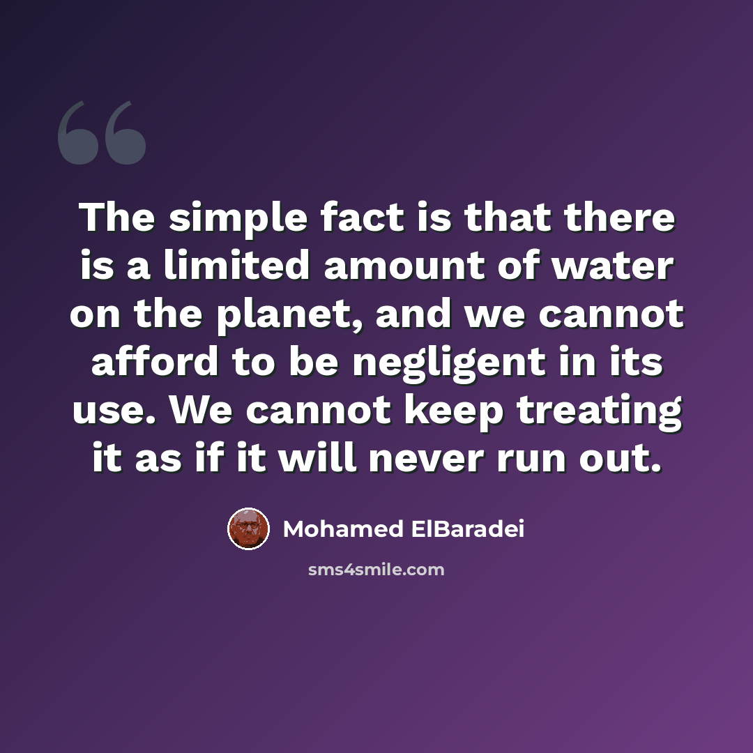 “The simple fact is that there is a limited amount of water on the planet, and we cannot afford to be negligent in its use. We cannot keep treating it as if it will never run out.” quote by Mohamed ElBaradei