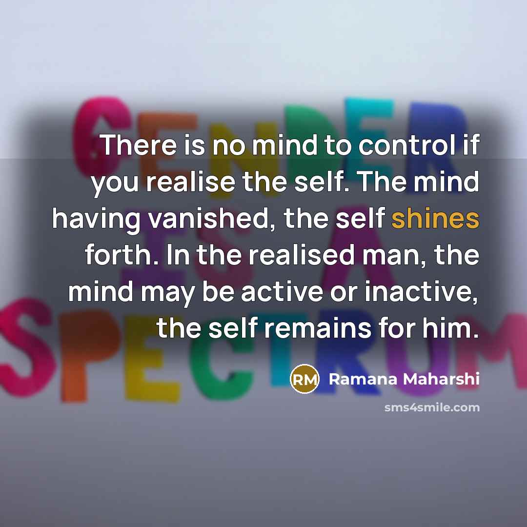 “There is no mind to control if you realise the self. The mind having vanished, the self shines forth. In the realised man, the mind may be active or inactive, the self remains for him.” quote by Ramana Maharshi