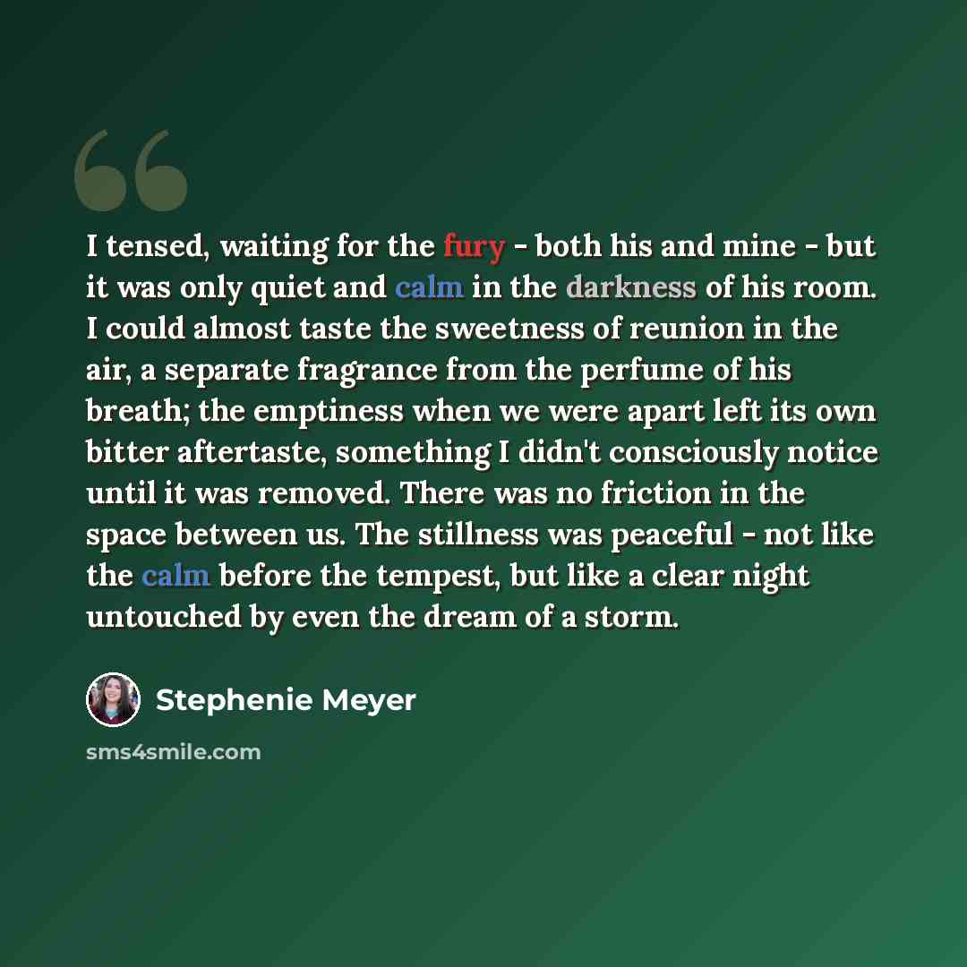 “I tensed, waiting for the fury - both his and mine - but it was only quiet and calm in the darkness of his room. I could almost taste the sweetness of reunion in the air, a separate fragrance from the perfume of his breath; the emptiness when we were apart left its own bitter aftertaste, something…” quote by Stephenie Meyer