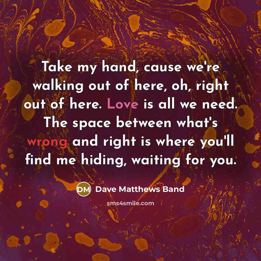 “Take my hand, cause we're walking out of here, oh, right out of here. Love is all we need. The space between what's wrong and right is where you'll find me hiding, waiting for you.” quote by Dave Matthews Band