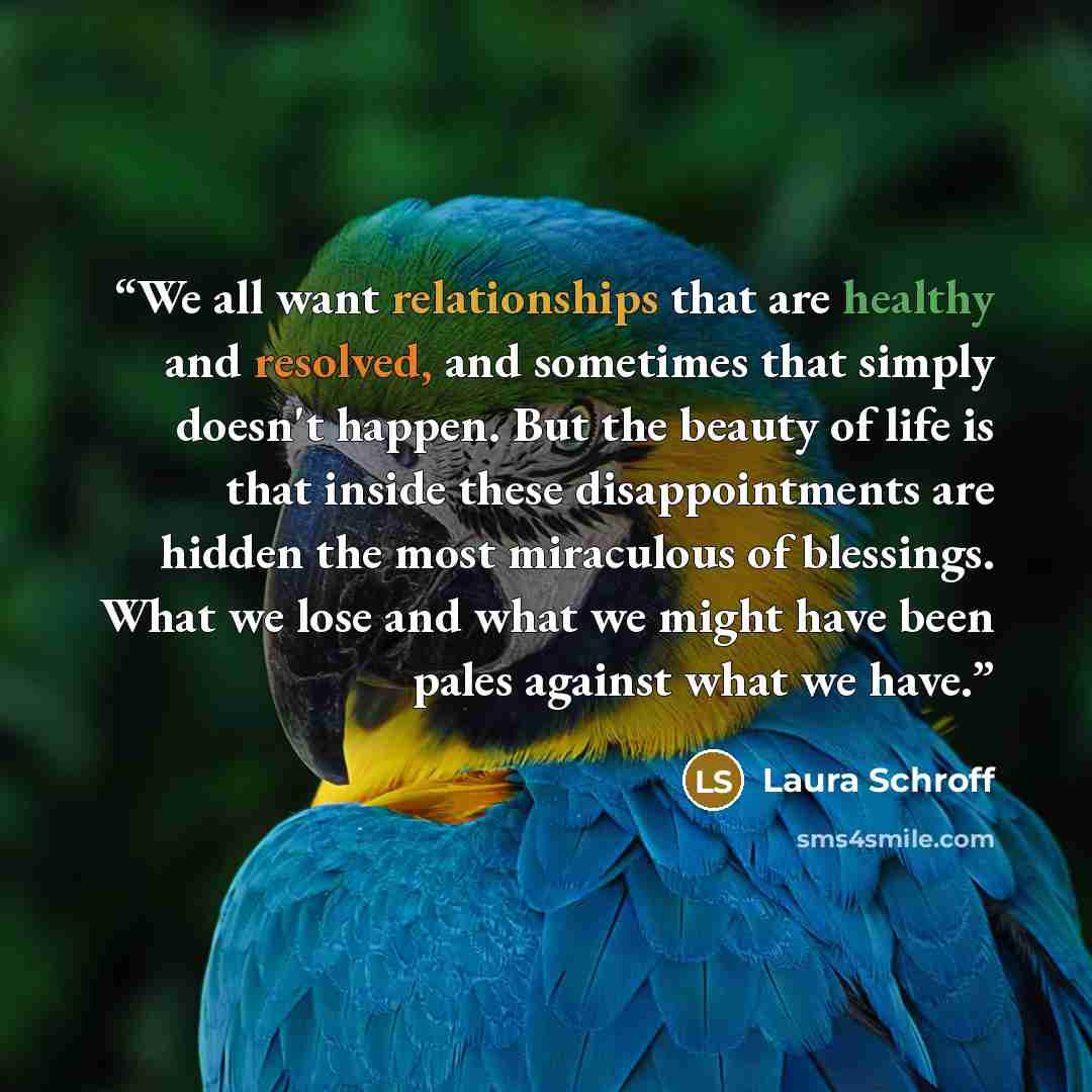 “We all want relationships that are healthy and resolved, and sometimes that simply doesn't happen. But the beauty of life is that inside these disappointments are hidden the most miraculous of blessings. What we lose and what we might have been pales against what we have.” quote by Laura Schroff