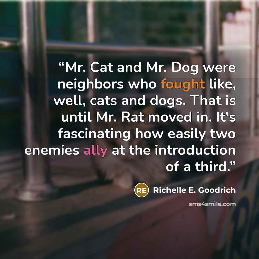 “Mr. Cat and Mr. Dog were neighbors who fought like, well, cats and dogs. That is until Mr. Rat moved in. It's fascinating how easily two enemies ally at the introduction of a third.” quote by Richelle E. Goodrich