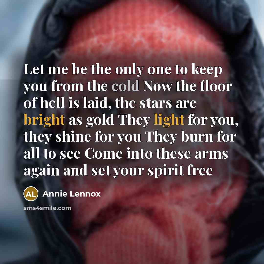 “Let me be the only one to keep you from the cold Now the floor of hell is laid, the stars are bright as gold They light for you, they shine for you They burn for all to see Come into these arms again and set your spirit free” quote by Annie Lennox