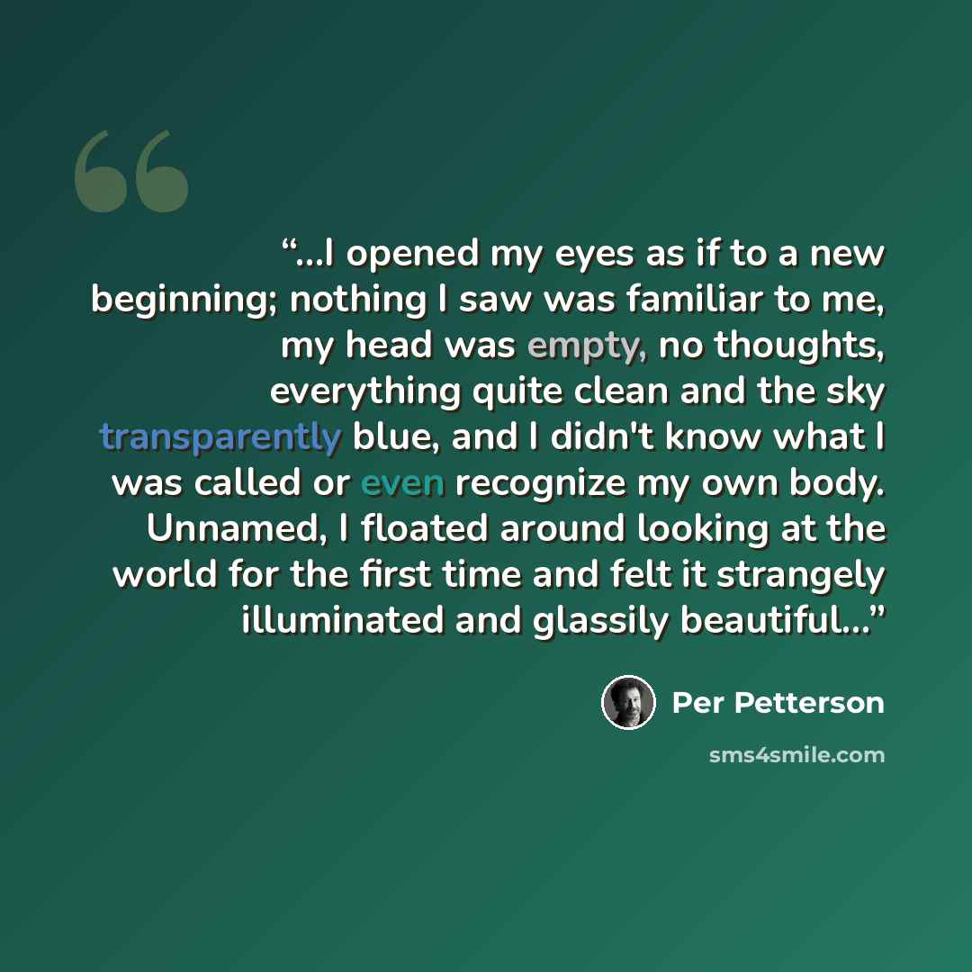 “...I opened my eyes as if to a new beginning; nothing I saw was familiar to me, my head was empty, no thoughts, everything quite clean and the sky transparently blue, and I didn't know what I was called or even recognize my own body. Unnamed, I floated around looking at the world for the first…” quote by Per Petterson