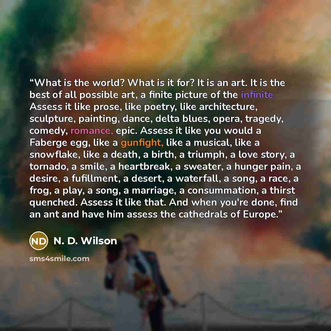“What is the world? What is it for? It is an art. It is the best of all possible art, a finite picture of the infinite. Assess it like prose, like poetry, like architecture, sculpture, painting, dance, delta blues, opera, tragedy, comedy, romance, epic. Assess it like you would a Faberge egg, like…” quote by N. D. Wilson