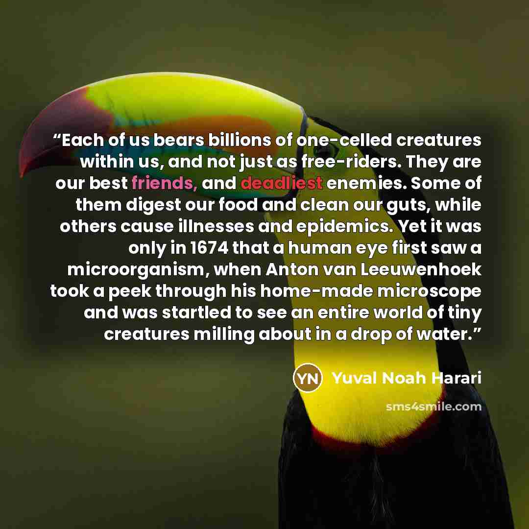 “Each of us bears billions of one-celled creatures within us, and not just as free-riders. They are our best friends, and deadliest enemies. Some of them digest our food and clean our guts, while others cause illnesses and epidemics. Yet it was only in 1674 that a human eye first saw a…” quote by Yuval Noah Harari