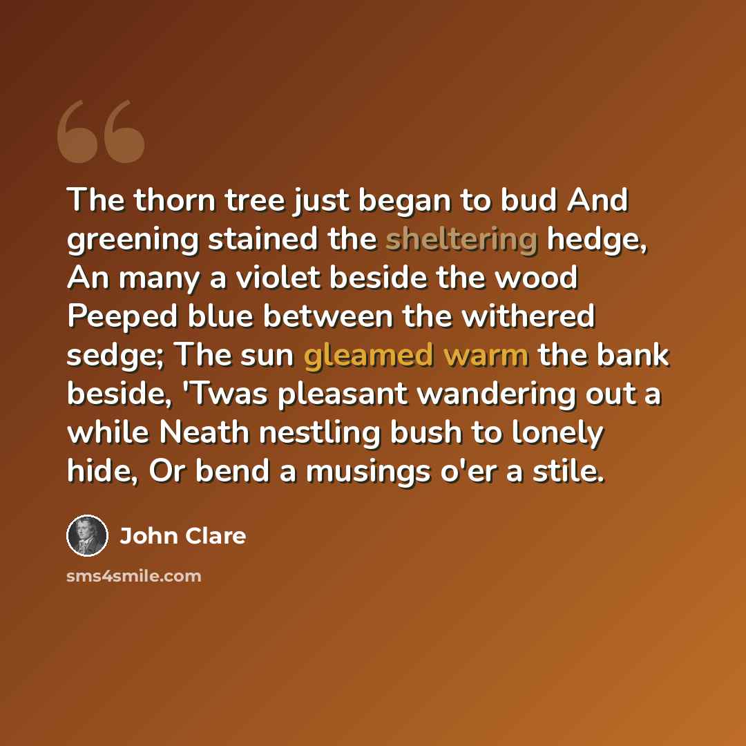 “The thorn tree just began to bud And greening stained the sheltering hedge, An many a violet beside the wood Peeped blue between the withered sedge; The sun gleamed warm the bank beside, 'Twas pleasant wandering out a while Neath nestling bush to lonely hide, Or bend a musings o'er a stile.” quote by John Clare