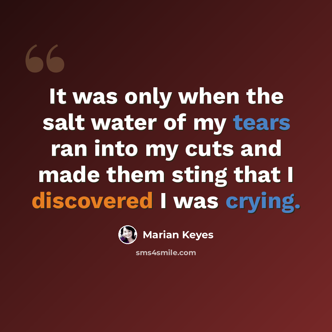 “It was only when the salt water of my tears ran into my cuts and made them sting that I discovered I was crying.” quote by Marian Keyes