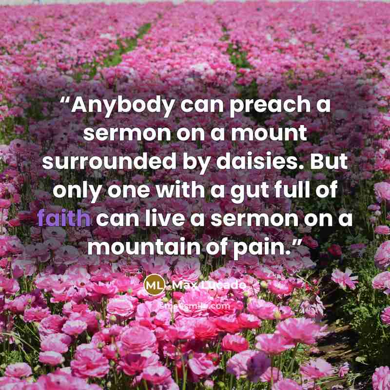 “Anybody can preach a sermon on a mount surrounded by daisies. But only one with a gut full of faith can live a sermon on a mountain of pain.” quote by Max Lucado
