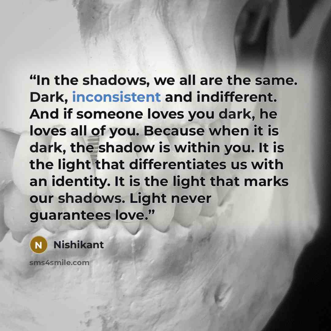 “In the shadows, we all are the same. Dark, inconsistent and indifferent. And if someone loves you dark, he loves all of you. Because when it is dark, the shadow is within you. It is the light that differentiates us with an identity. It is the light that marks our shadows. Light never guarantees…” quote by Nishikant