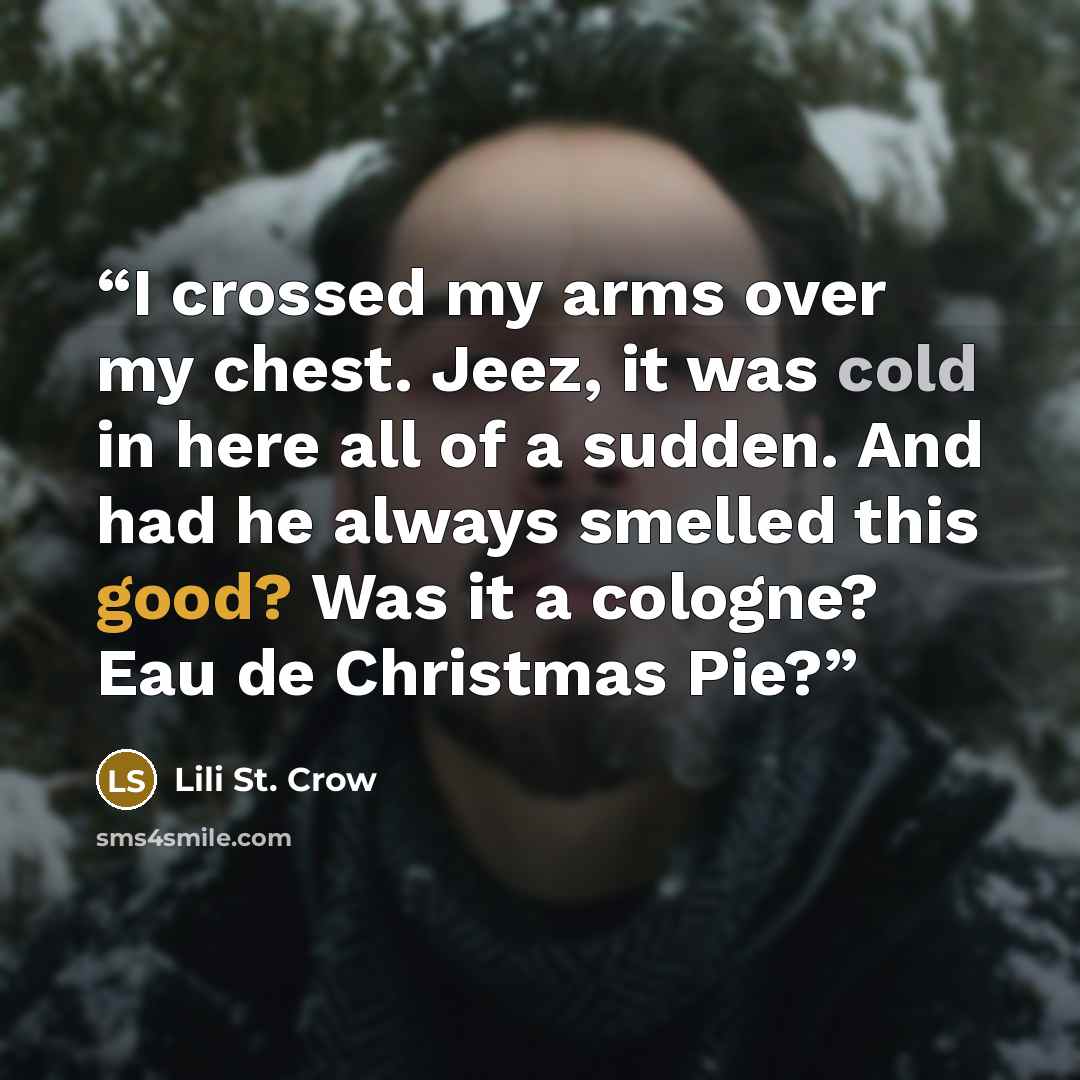 “I crossed my arms over my chest. Jeez, it was cold in here all of a sudden. And had he always smelled this good? Was it a cologne? Eau de Christmas Pie?” quote by Lili St. Crow