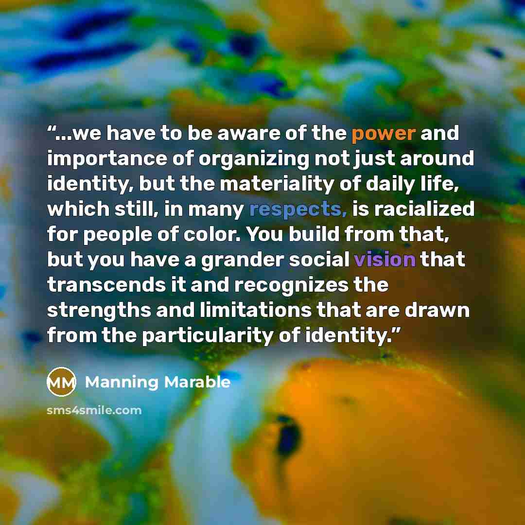 “...we have to be aware of the power and importance of organizing not just around identity, but the materiality of daily life, which still, in many respects, is racialized for people of color. You build from that, but you have a grander social vision that transcends it and recognizes the strengths…” quote by Manning Marable