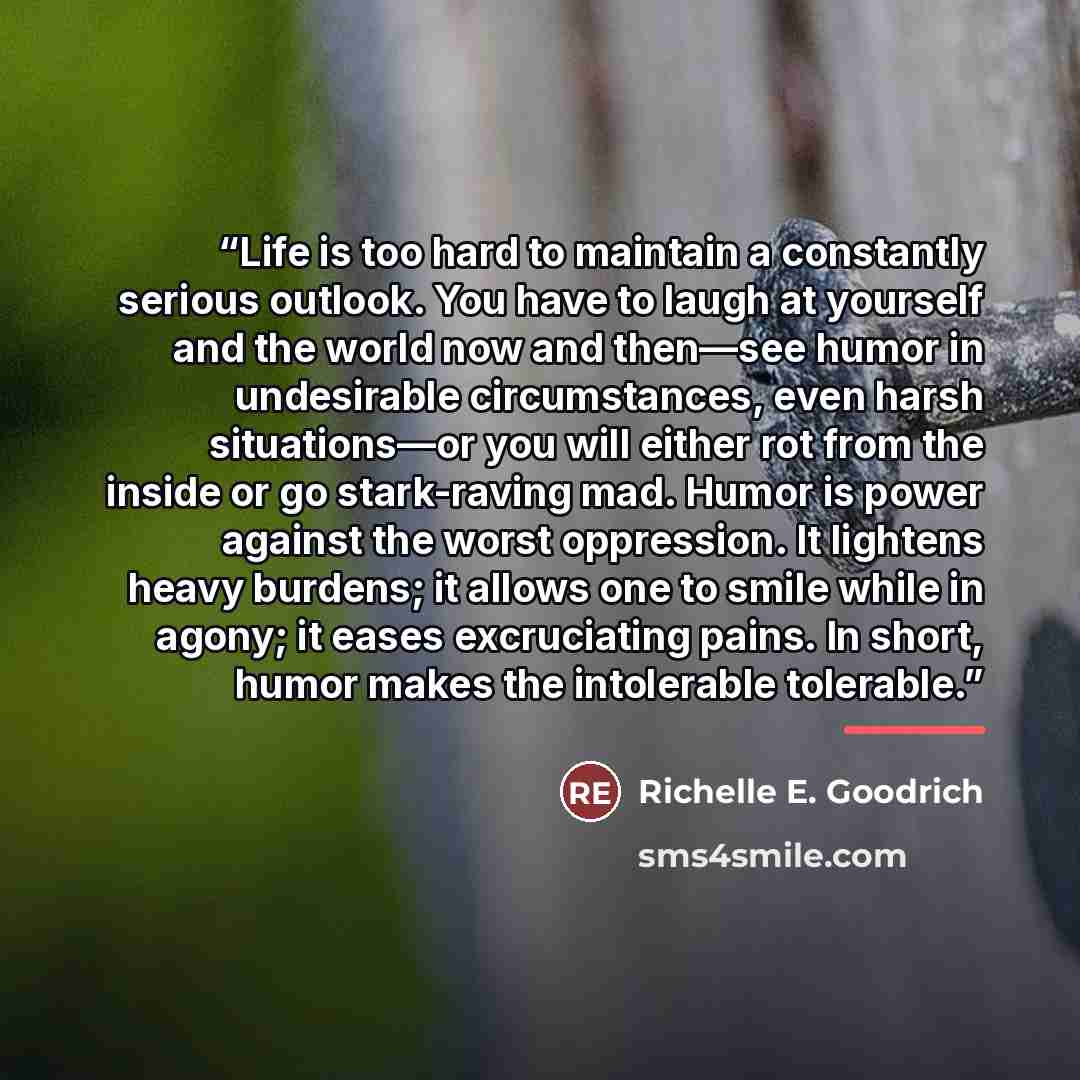 “Life is too hard to maintain a constantly serious outlook. You have to laugh at yourself and the world now and then―see humor in undesirable circumstances, even harsh situations―or you will either rot from the inside or go stark-raving mad. Humor is power against the worst oppression. It lightens…” quote by Richelle E. Goodrich