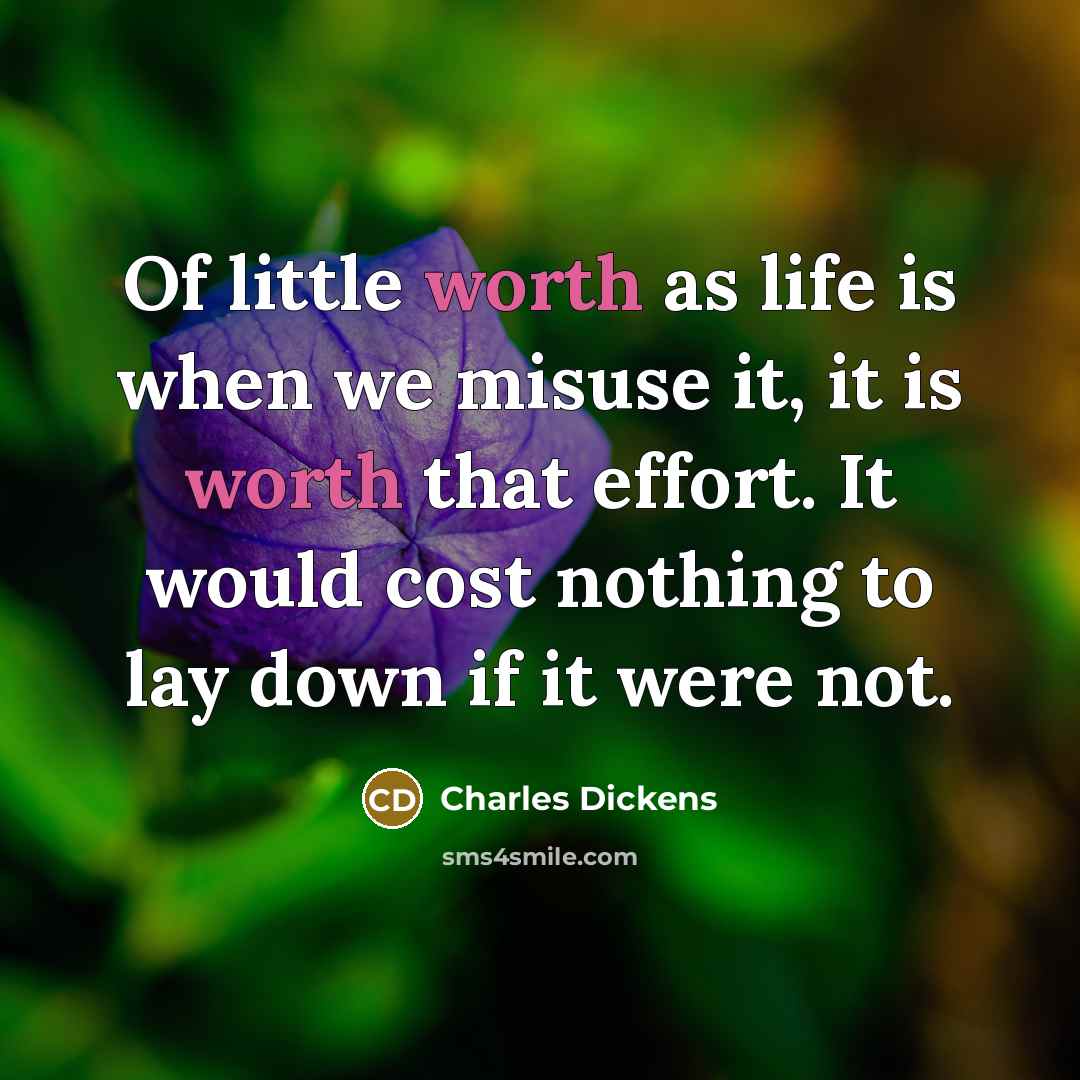 “Of little worth as life is when we misuse it, it is worth that effort. It would cost nothing to lay down if it were not.” quote by Charles Dickens
