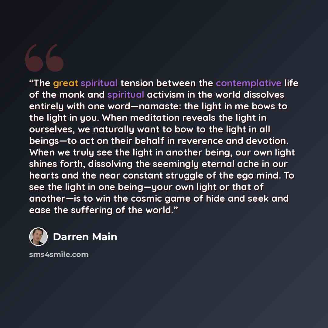 “The great spiritual tension between the contemplative life of the monk and spiritual activism in the world dissolves entirely with one word—namaste: the light in me bows to the light in you. When meditation reveals the light in ourselves, we naturally want to bow to the light in all beings—to act…” quote by Darren Main