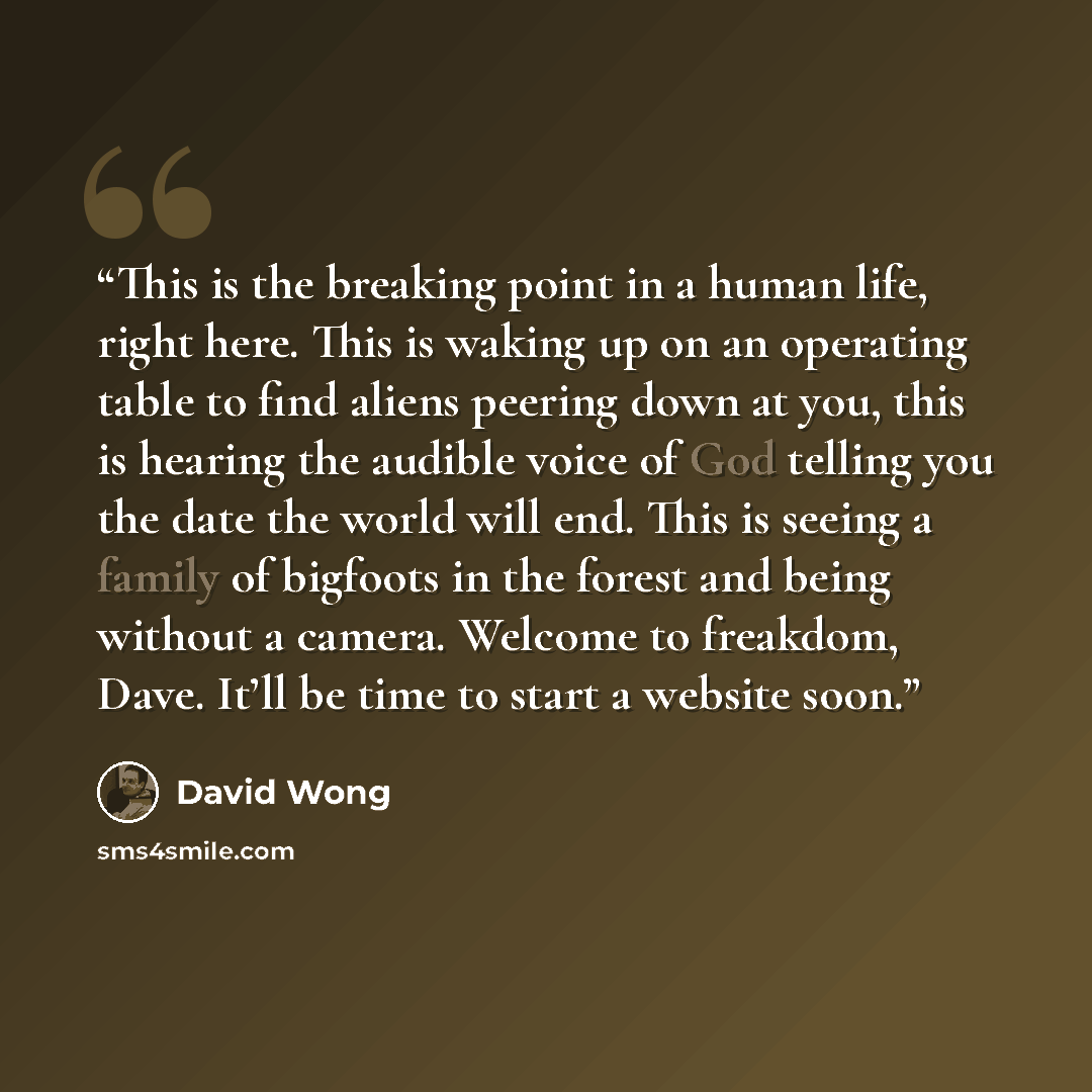 “This is the breaking point in a human life, right here. This is waking up on an operating table to find aliens peering down at you, this is hearing the audible voice of God telling you the date the world will end. This is seeing a family of bigfoots in the forest and being without a camera…” quote by David Wong
