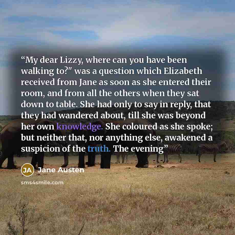 “My dear Lizzy, where can you have been walking to?" was a question which Elizabeth received from Jane as soon as she entered their room, and from all the others when they sat down to table. She had only to say in reply, that they had wandered about, till she was beyond her own knowledge. She…” quote by Jane Austen
