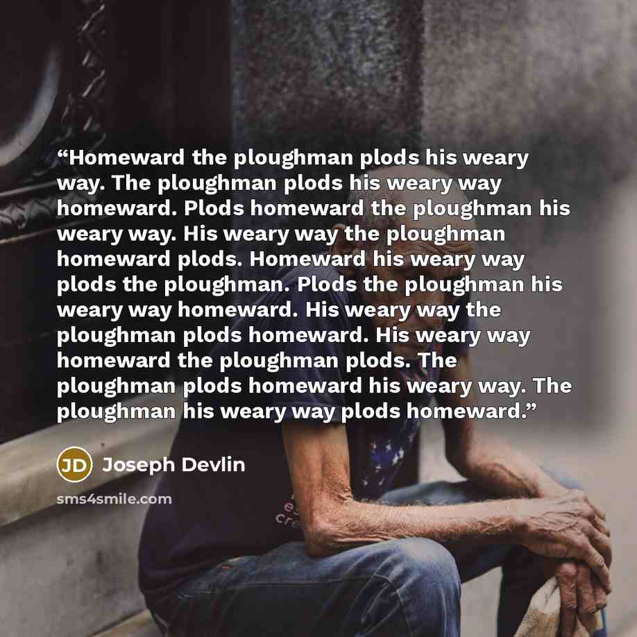 “Homeward the ploughman plods his weary way. The ploughman plods his weary way homeward. Plods homeward the ploughman his weary way. His weary way the ploughman homeward plods. Homeward his weary way plods the ploughman. Plods the ploughman his weary way homeward. His weary way the ploughman plods…” quote by Joseph Devlin