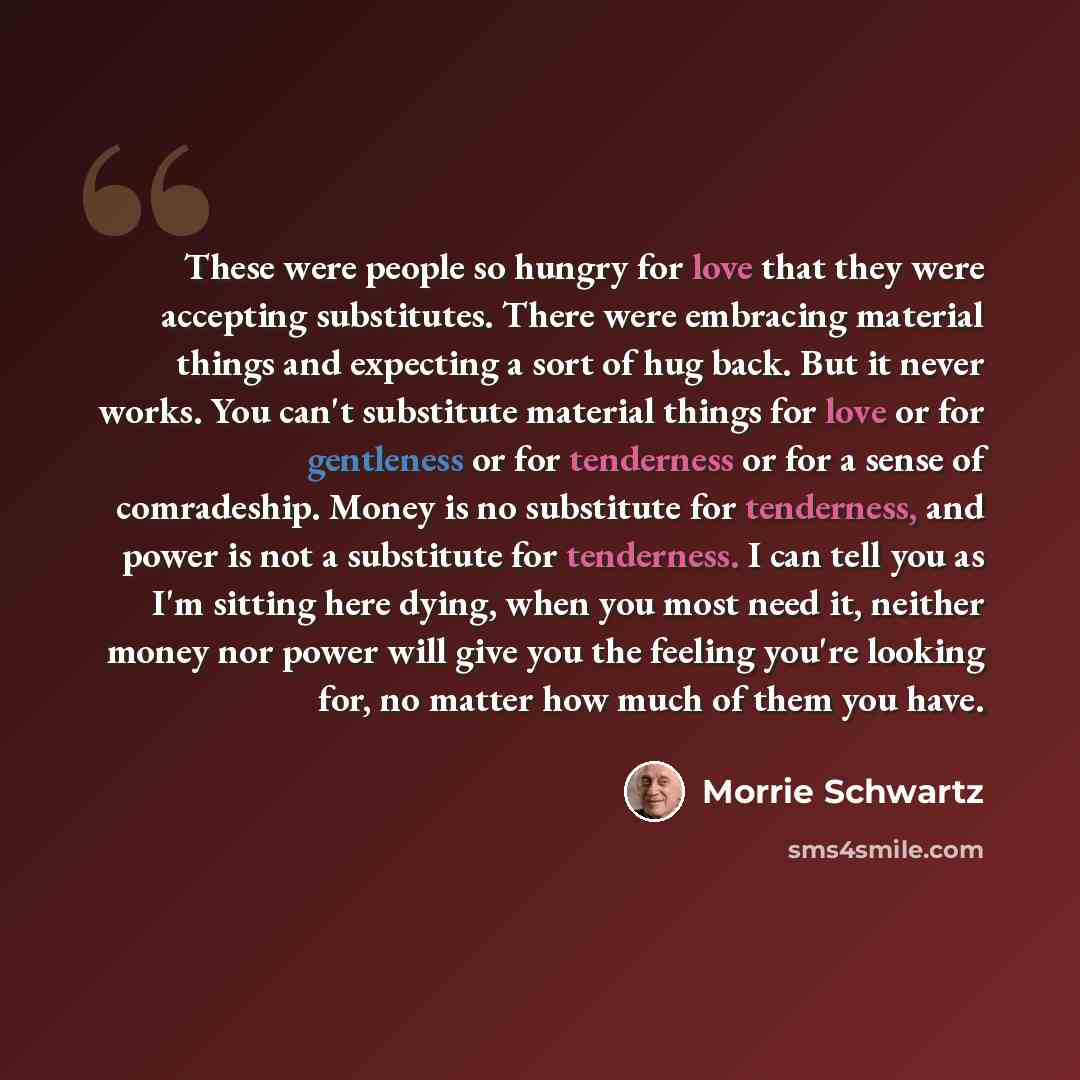 “These were people so hungry for love that they were accepting substitutes. There were embracing material things and expecting a sort of hug back. But it never works. You can't substitute material things for love or for gentleness or for tenderness or for a sense of comradeship. Money is no…” quote by Morrie Schwartz