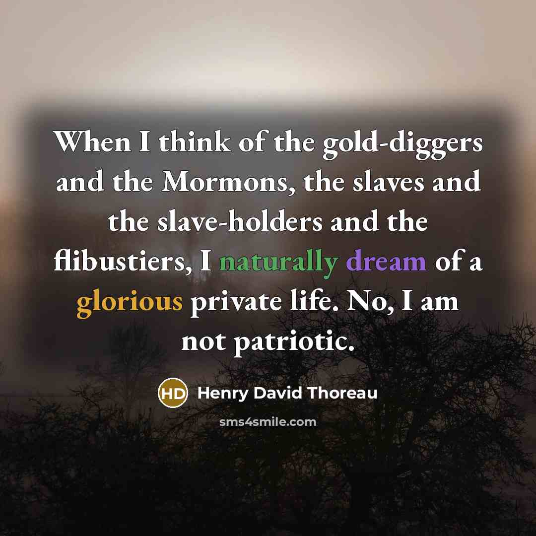 “When I think of the gold-diggers and the Mormons, the slaves and the slave-holders and the flibustiers, I naturally dream of a glorious private life. No, I am not patriotic.” quote by Henry David Thoreau