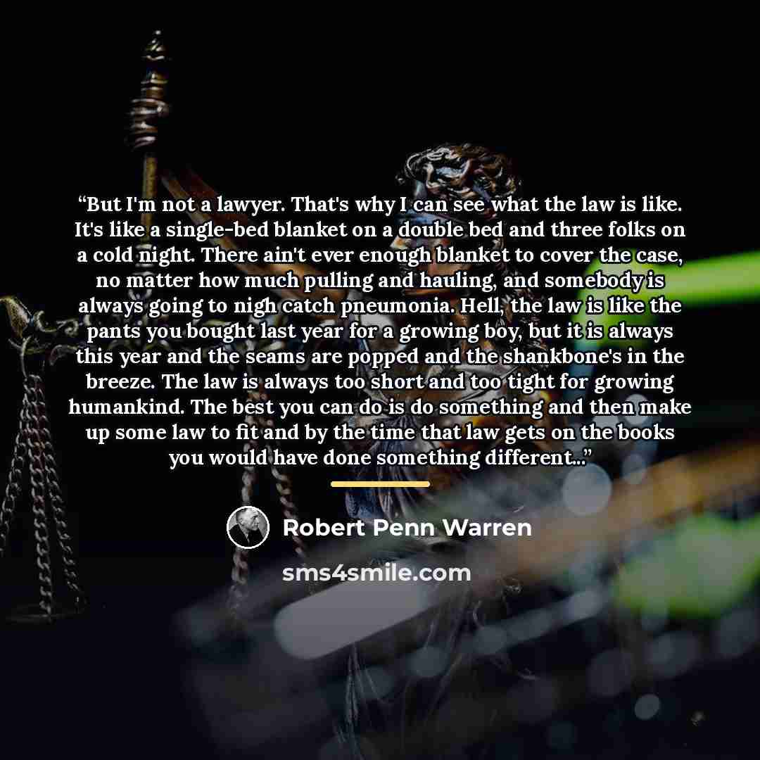 “But I'm not a lawyer. That's why I can see what the law is like. It's like a single-bed blanket on a double bed and three folks on a cold night. There ain't ever enough blanket to cover the case, no matter how much pulling and hauling, and somebody is always going to nigh catch pneumonia. Hell…” quote by Robert Penn Warren