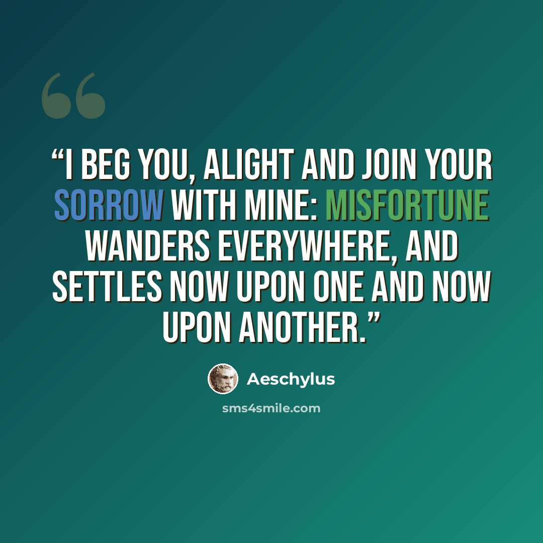 “I beg you, alight and join your sorrow with mine: misfortune wanders everywhere, and settles now upon one and now upon another.” quote by Aeschylus