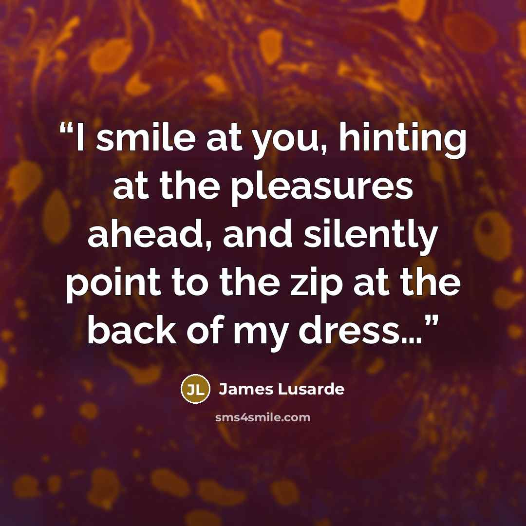 “I smile at you, hinting at the pleasures ahead, and silently point to the zip at the back of my dress…” quote by James Lusarde