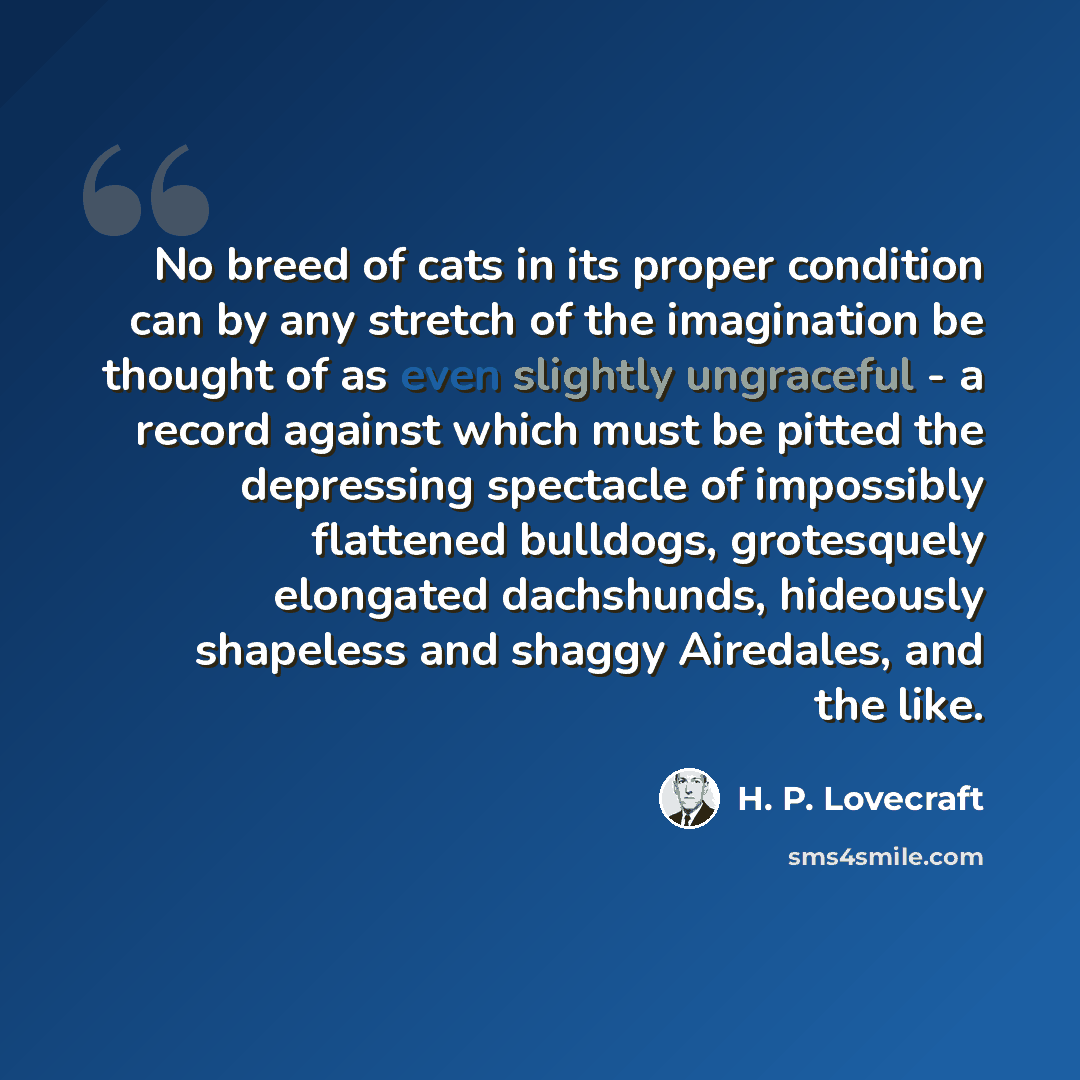 “No breed of cats in its proper condition can by any stretch of the imagination be thought of as even slightly ungraceful - a record against which must be pitted the depressing spectacle of impossibly flattened bulldogs, grotesquely elongated dachshunds, hideously shapeless and shaggy Airedales…” quote by H. P. Lovecraft