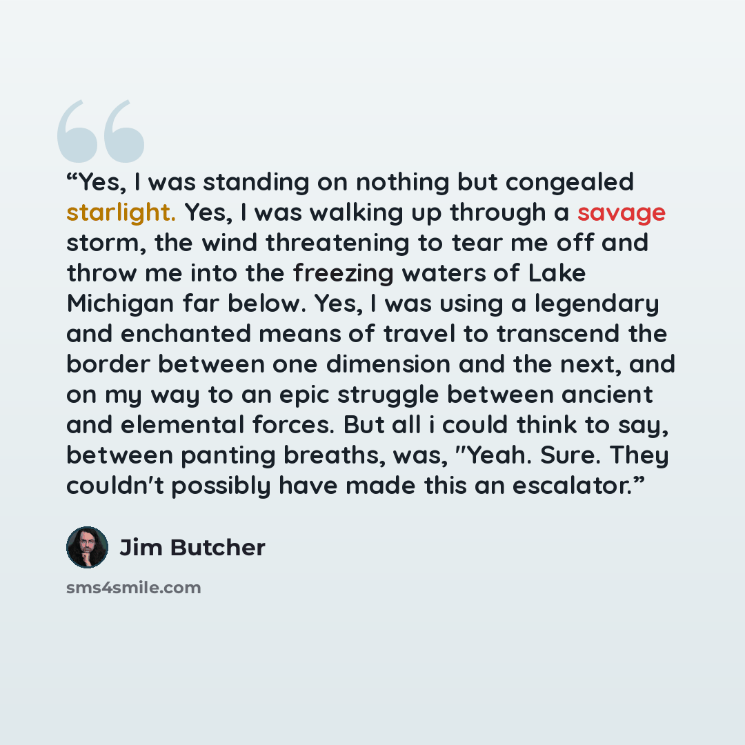 “Yes, I was standing on nothing but congealed starlight. Yes, I was walking up through a savage storm, the wind threatening to tear me off and throw me into the freezing waters of Lake Michigan far below. Yes, I was using a legendary and enchanted means of travel to transcend the border between one…” quote by Jim Butcher