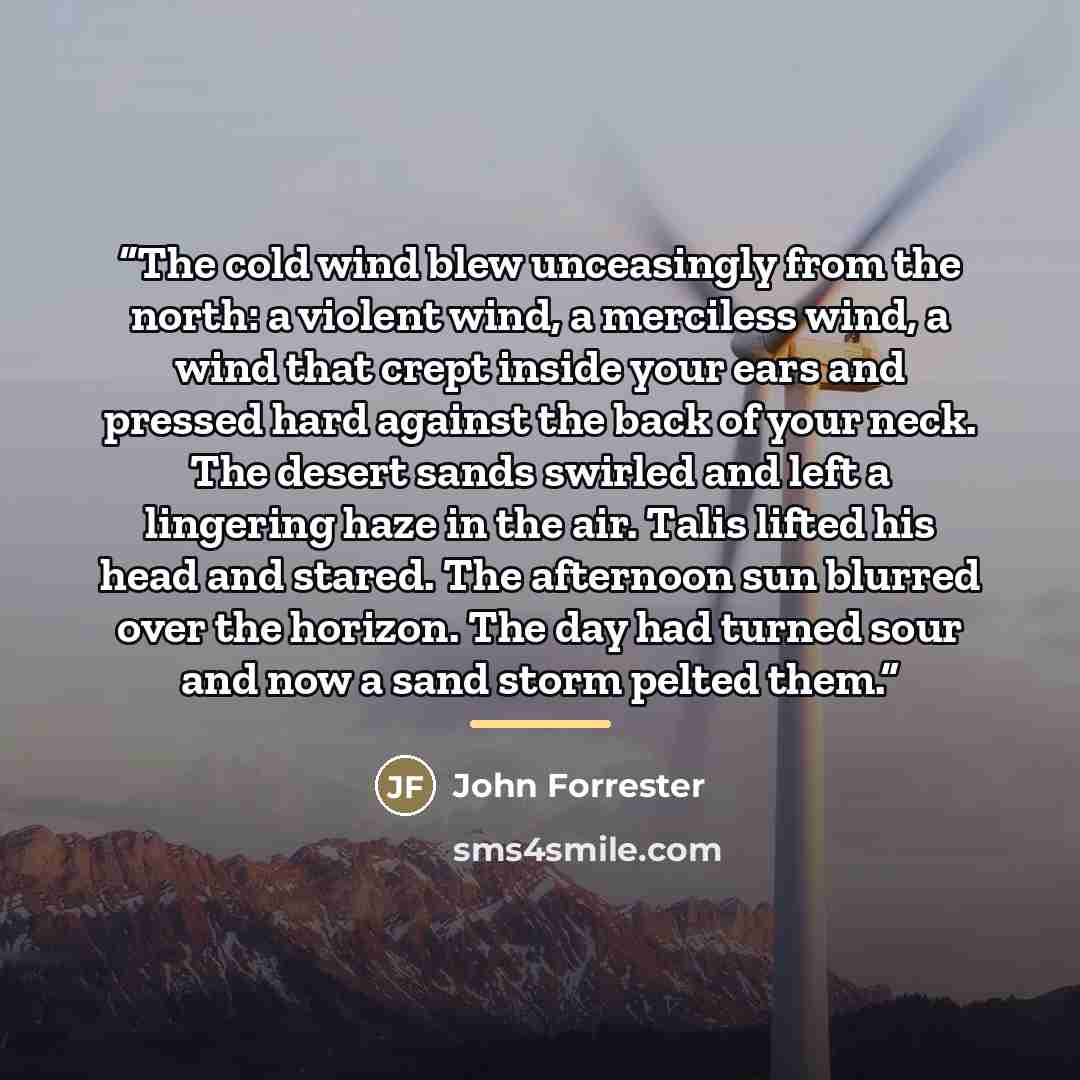 “The cold wind blew unceasingly from the north: a violent wind, a merciless wind, a wind that crept inside your ears and pressed hard against the back of your neck. The desert sands swirled and left a lingering haze in the air. Talis lifted his head and stared. The afternoon sun blurred over the…” quote by John Forrester