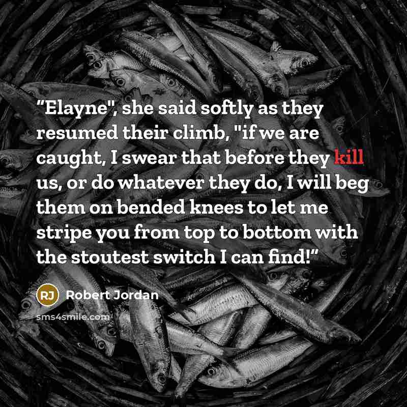 “Elayne", she said softly as they resumed their climb, "if we are caught, I swear that before they kill us, or do whatever they do, I will beg them on bended knees to let me stripe you from top to bottom with the stoutest switch I can find!” quote by Robert Jordan