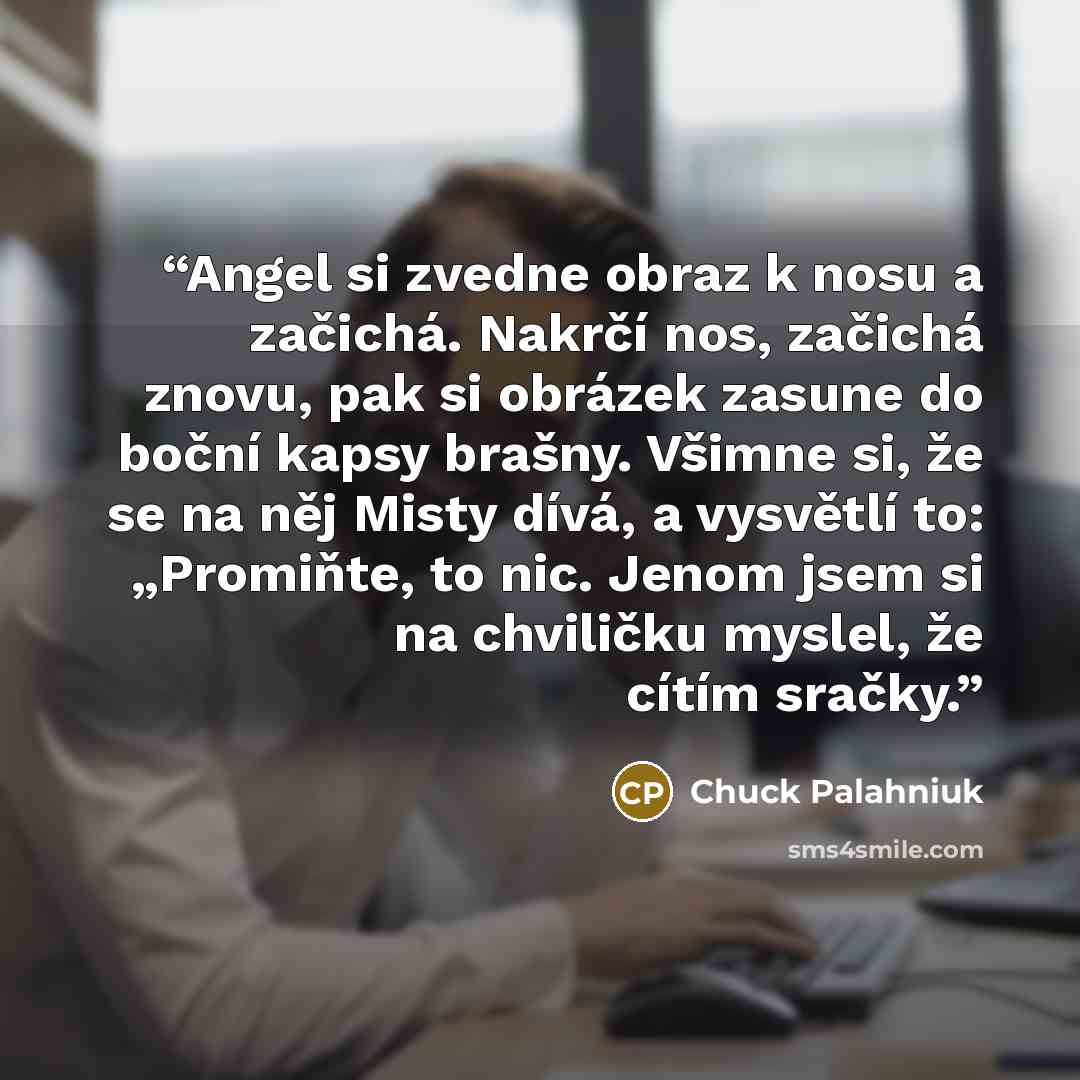 “Angel si zvedne obraz k nosu a začichá. Nakrčí nos, začichá znovu, pak si obrázek zasune do boční kapsy brašny. Všimne si, že se na něj Misty dívá, a vysvětlí to: „Promiňte, to nic. Jenom jsem si na chviličku myslel, že cítím sračky.” quote by Chuck Palahniuk