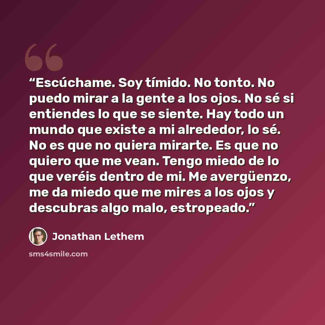 “Escúchame. Soy tímido. No tonto. No puedo mirar a la gente a los ojos. No sé si entiendes lo que se siente. Hay todo un mundo que existe a mi alrededor, lo sé. No es que no quiera mirarte. Es que no quiero que me vean. Tengo miedo de lo que veréis dentro de mi. Me avergüenzo, me da miedo que me…” quote by Jonathan Lethem