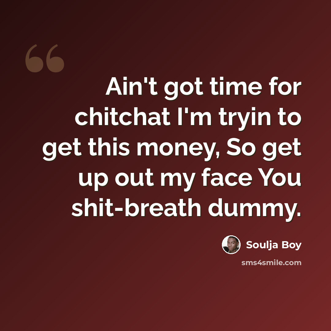 “Ain't got time for chitchat I'm tryin to get this money, So get up out my face You shit-breath dummy.” quote by Soulja Boy