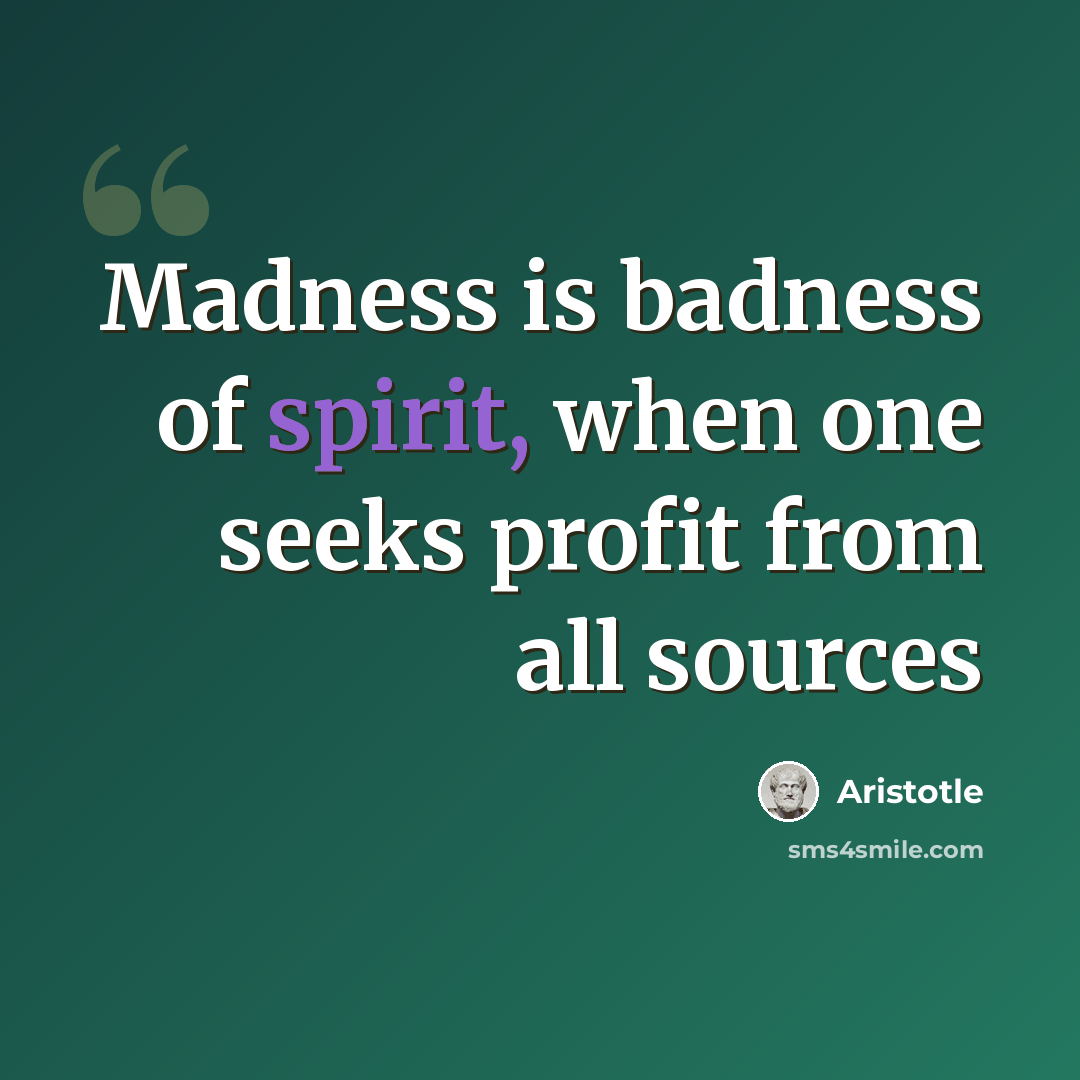 “Madness is badness of spirit, when one seeks profit from all sources” quote by Aristotle
