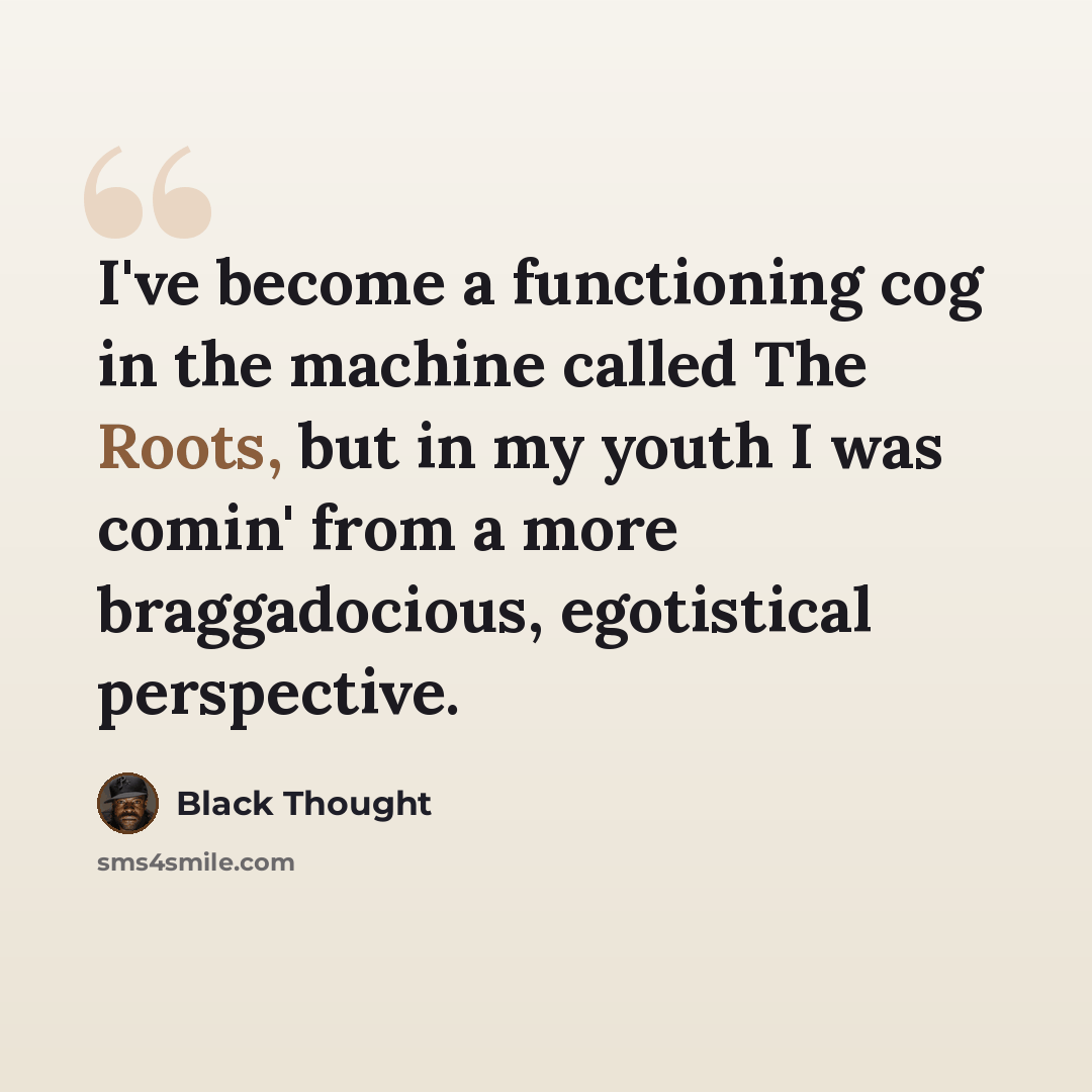 “I've become a functioning cog in the machine called The Roots, but in my youth I was comin' from a more braggadocious, egotistical perspective.” quote by Black Thought