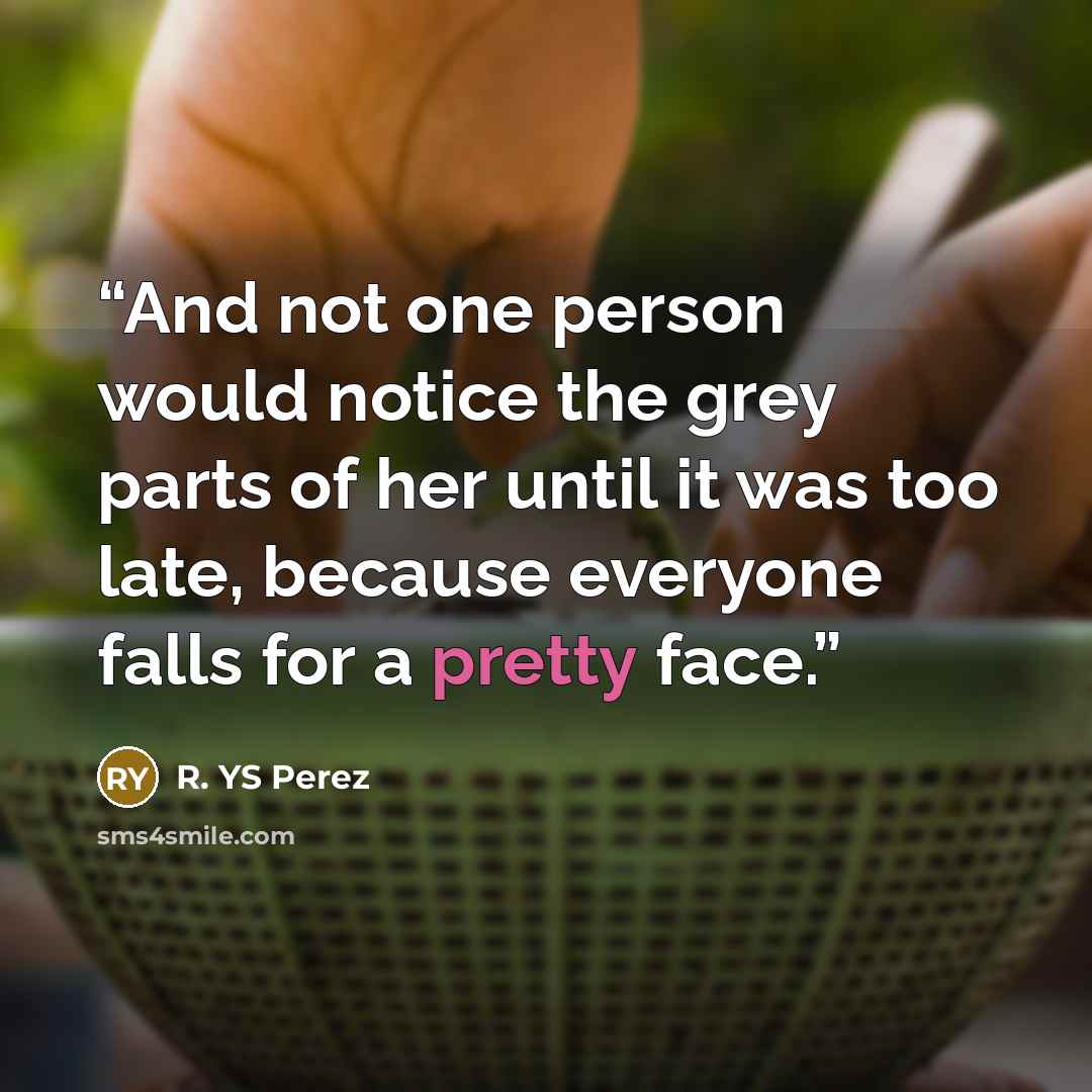 “And not one person would notice the grey parts of her until it was too late, because everyone falls for a pretty face.” quote by R. YS Perez