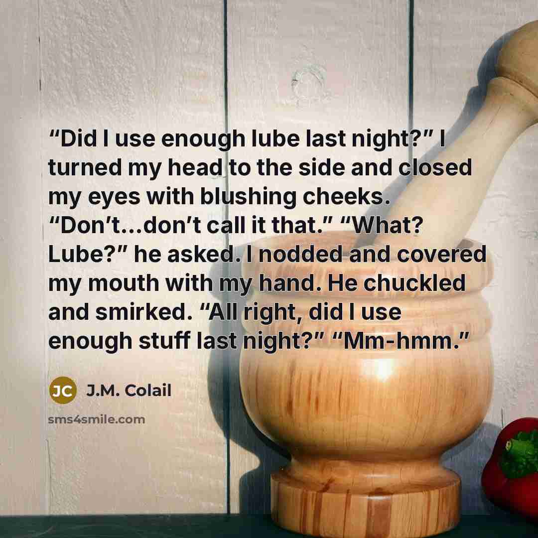 “Did I use enough lube last night?” I turned my head to the side and closed my eyes with blushing cheeks. “Don’t…don’t call it that.” “What? Lube?” he asked. I nodded and covered my mouth with my hand. He chuckled and smirked. “All right, did I use enough stuff last night?” “Mm-hmm.” quote by J.M. Colail
