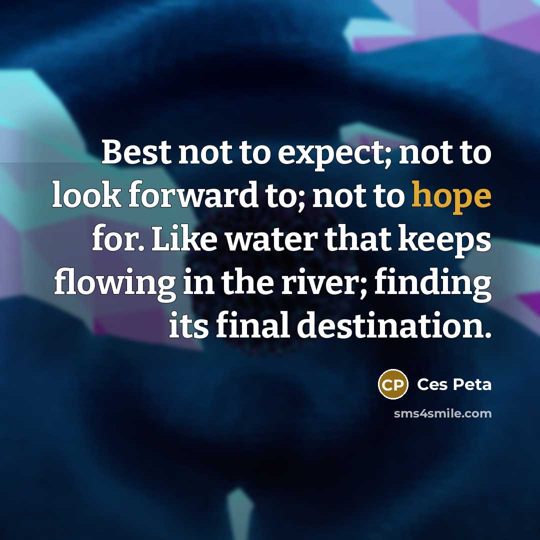 “Best not to expect; not to look forward to; not to hope for. Like water that keeps flowing in the river; finding its final destination.” quote by Ces Peta