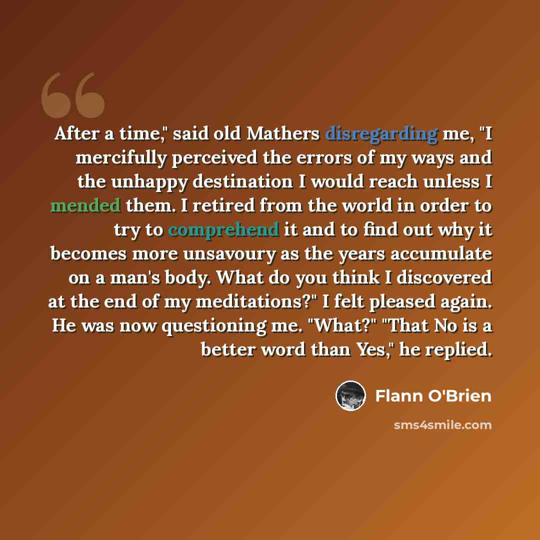 “After a time," said old Mathers disregarding me, "I mercifully perceived the errors of my ways and the unhappy destination I would reach unless I mended them. I retired from the world in order to try to comprehend it and to find out why it becomes more unsavoury as the years accumulate on a man's…” quote by Flann O'Brien