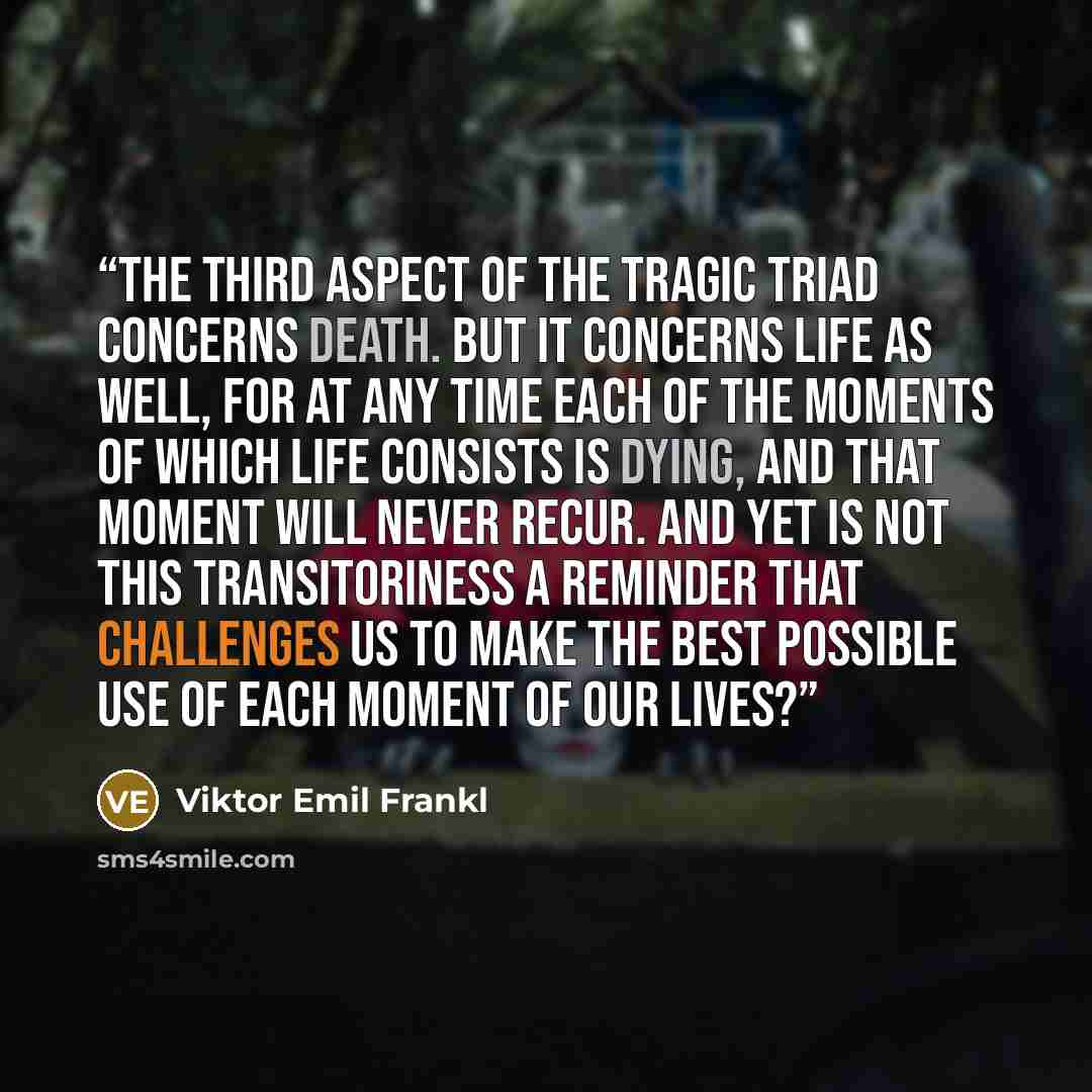 “The third aspect of the tragic triad concerns death. But it concerns life as well, for at any time each of the moments of which life consists is dying, and that moment will never recur. And yet is not this transitoriness a reminder that challenges us to make the best possible use of each moment of…” quote by Viktor Emil Frankl