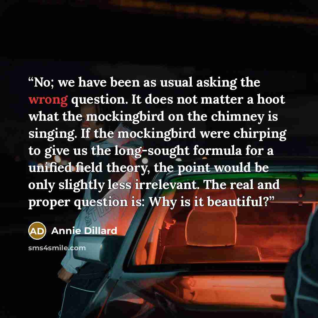 “No; we have been as usual asking the wrong question. It does not matter a hoot what the mockingbird on the chimney is singing. If the mockingbird were chirping to give us the long-sought formula for a unified field theory, the point would be only slightly less irrelevant. The real and proper…” quote by Annie Dillard