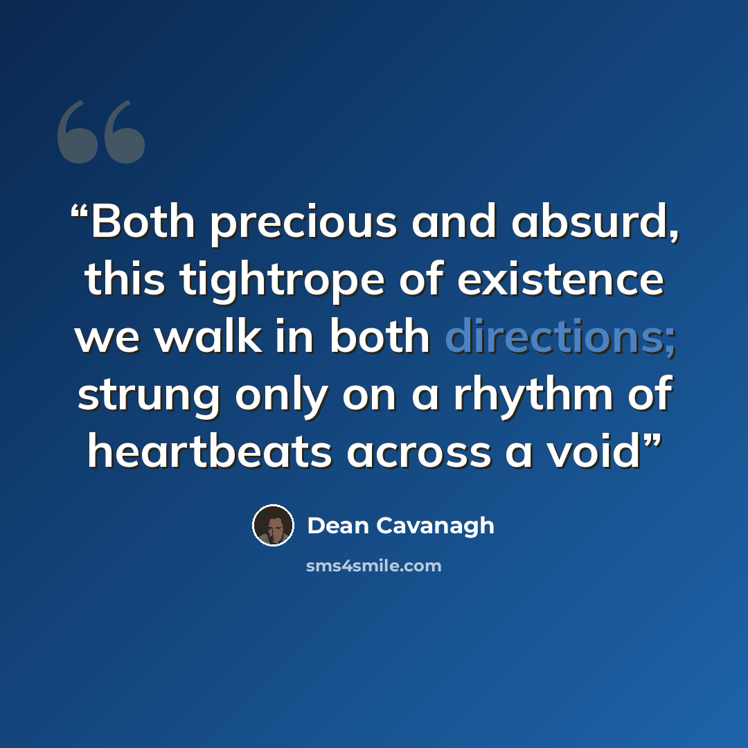 “Both precious and absurd, this tightrope of existence we walk in both directions; strung only on a rhythm of heartbeats across a void” quote by Dean Cavanagh