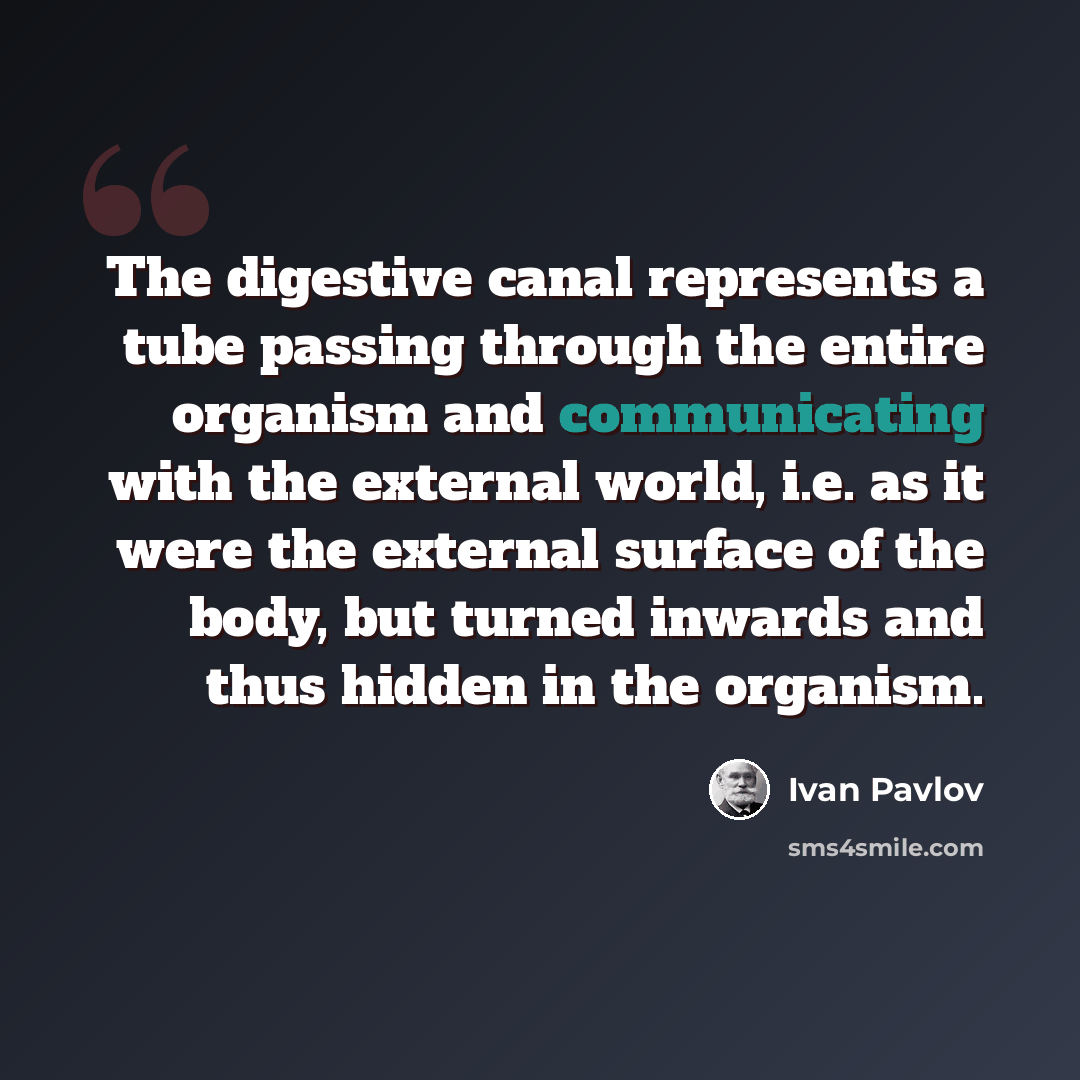 “The digestive canal represents a tube passing through the entire organism and communicating with the external world, i.e. as it were the external surface of the body, but turned inwards and thus hidden in the organism.” quote by Ivan Pavlov